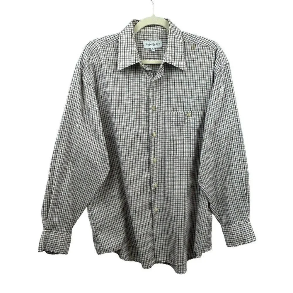 Yves Saint Laurent Shirt,‎ Button Front, Check, Plaid, Blue White Red, Neck 16